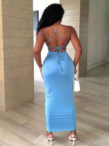 Alexandranx Ladies' Plain And Simple Cross Strap Daily Wear Dress Maxi Women Outfit - Blue - View 2