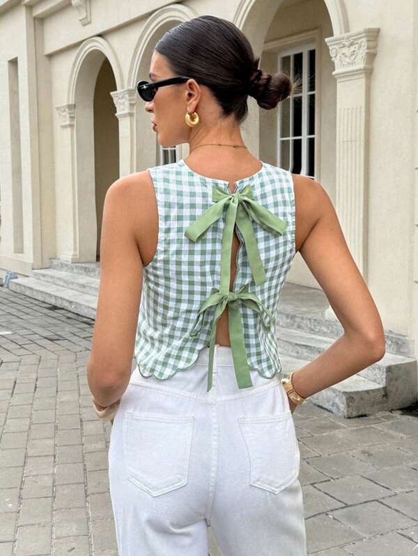 Siren Gaze Chemise casual d'été pour femmes à carreaux, sans manches avec lien au dos