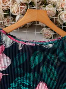 Celure Plus Size Floral Print Ruffle Blouse + Wide Hem Skirt 2 Pieces Set