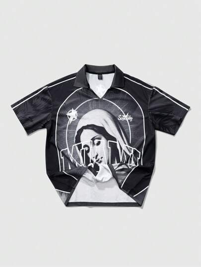 Prep Camisa polo de manga corta con estampado gráfico vintage de calle unisex de Madonna y números