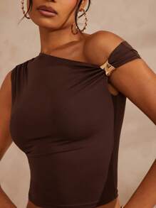 Hauture Áo ba lỗ thời trang bó sát, viền bất đối xứng màu trơn cho nữ, mùa hè - màu nâu - Xem 2
