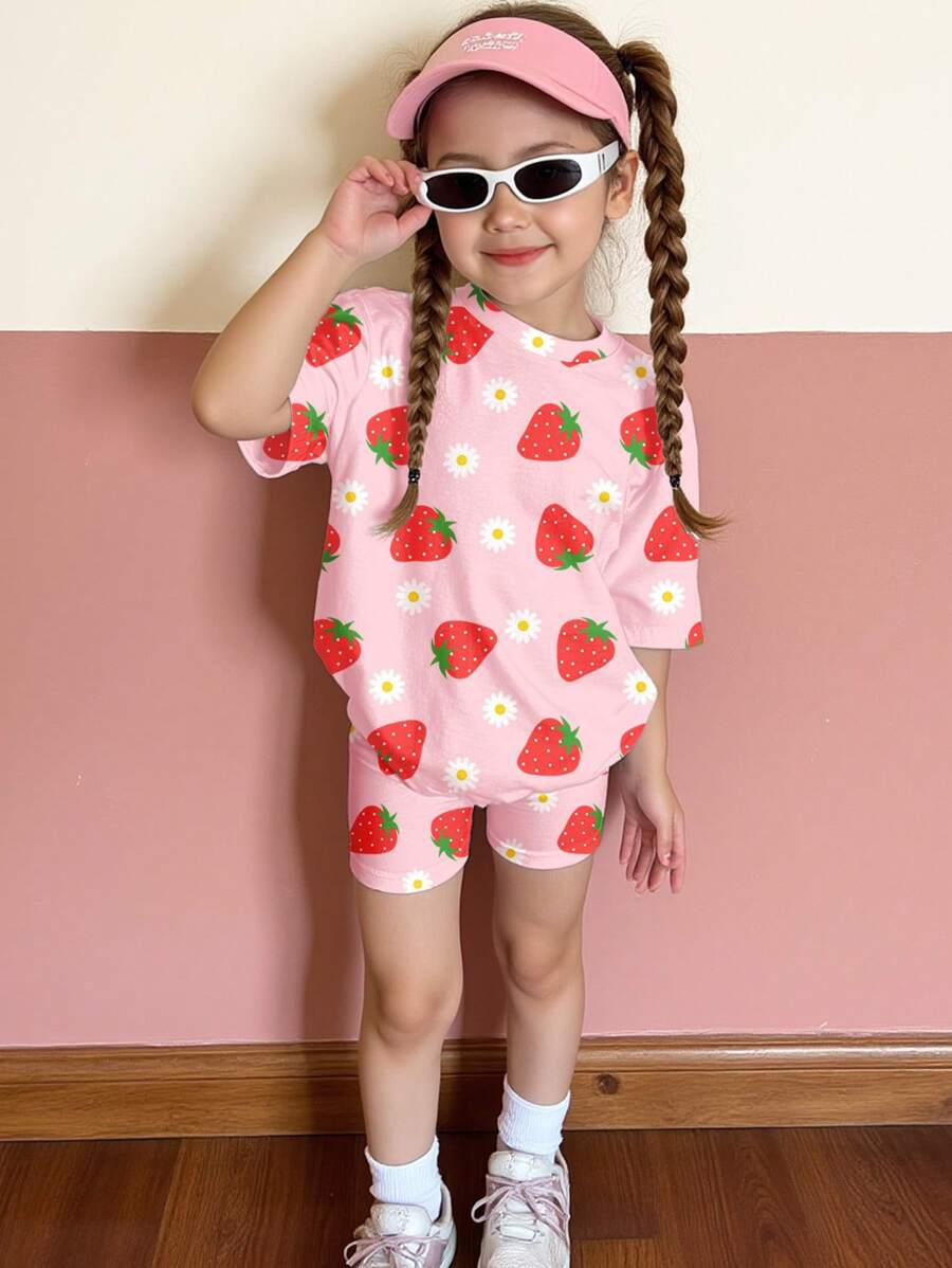 SHEIN Happikins Young Girl Cute Strawberry Flower Print Casual Loose Round Neck Short Sleeve T-Shirt And Tight Shorts 2 Pieces Set, Suitable For Summer, Chill Chill - Multicolor - View 1