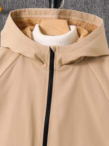 SHEIN 青少年男孩连帽插肩袖前口袋拉链夹克，适合通勤、上学、日常休闲穿着 - 駝色 - 查看 3