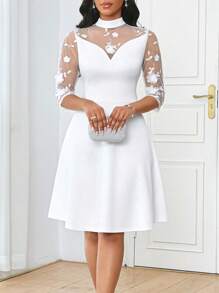 SHEIN Lady Vestido elegante transparente con apliques de malla bordada blanca