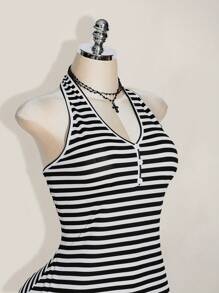 SHEIN ICON 大码黑白条纹 V 领露背修身连衣裙 - 黑與白 - 查看 6