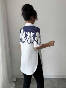 Elenzga Floral Patterned Short Sleeve Contrast Color Stylish Design Cinched Waist Long Length Slimming Versatile Sexy Casual Holiday Shirt For Women, Spring/Summer