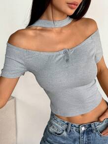 INAWLY Áo crop top tay ngắn hở vai ôm vừa vặn hở nửa nút đơn giản cho nữ, mùa hè, size thường - Xám - Xem 1