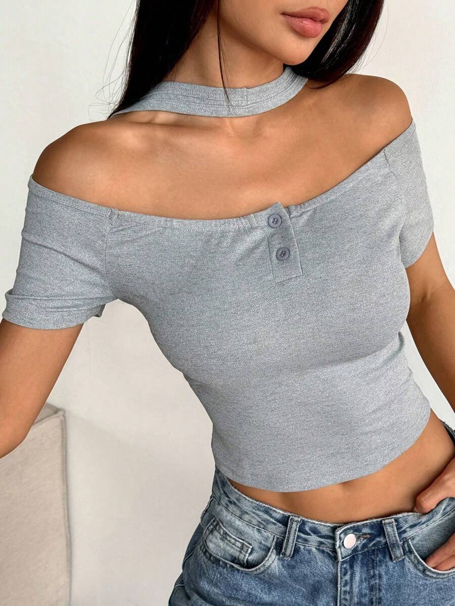 INAWLY Áo crop top tay ngắn hở vai ôm vừa vặn hở nửa nút đơn giản cho nữ, mùa hè, size thường - Xám - Xem 1