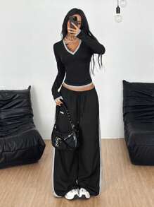 Coolane Áo thun nữ cổ chữ V tay dài ôm vừa vặn thoải mái, cổ điển, thường ngày mọi mùa, Y2K, chất liệu cotton dệt kim Gyaru cơ bản - màu đen - Xem 2