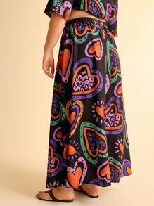 CAJUNI Falda larga estampada con corazones de colores, estilo bohemio, para vacaciones, casual, playa, verano, para mujer tallas grandes, color negro
