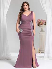 Coutiva Vestido de noche de unicolor tipo real con decoración de cuentas, escote en V con tirantes finos y abertura lateral - Rosa - Ver 4