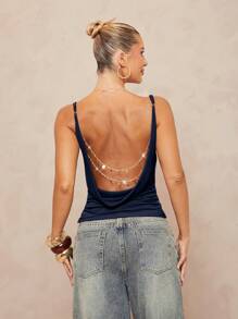 Lumalex Top sin espalda con escote de barco, decoración de cadena de metal y cintura fruncida para mujer