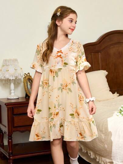 SHEIN Apricot Floral Nightgown Dress For Tween Girls, Featuring A Comfortable V-Neck, Short Ruffle Sleeves, And Soft Woven Fabric. Perfect Sleepwear.