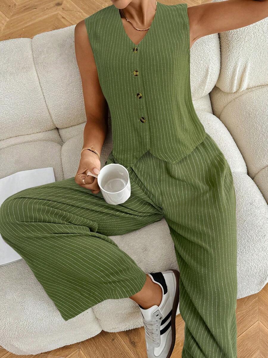 SHEIN Frenchy Bộ 2 món áo ba lỗ in họa tiết sọc và quần thường ngày cho nữ - màu xanh lá - Xem 1