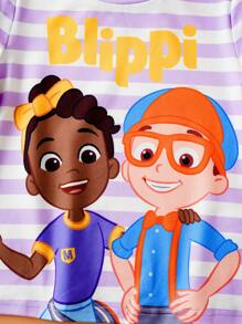 Blippi X SHEIN 年轻女孩 2 件套：可爱白色荷叶袖 T 恤和白色和紫色条纹荷叶袖 T 恤，夏季假日休闲装 - 彩色 - 查看 4
