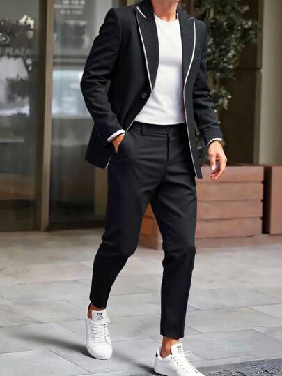 Manfinity AFTRDRK 男士双层立领西装套装，高端商务休闲夹克和裤子，男士穿着厚领单扣西装外套和裤子套装，双领设计更显格调和层次感，适合日常通勤商务、聚会和宴会。这款裤子是男士衣橱中不可或缺的单品，也是送给男朋友或老公的绝佳礼物。