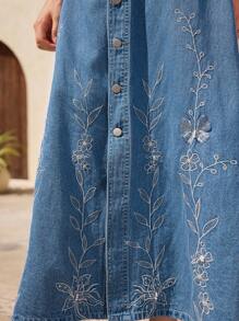 DAZY Women's Single Breasted Floral Embroidered Casual Long Denim Skirt Denim Maxi Skirt Long Jean Skirt Women Denim Skirts Embroidered Denim Skirt Jean Skirt Jeans Skirt