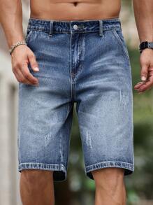 Manfinity Homme 男士纯色休闲百搭口袋牛仔短裤 - 中等水洗藍 - 查看 3