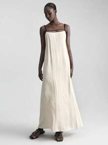 Ontre Damen Leinen Exklusivkleid für alle Jahreszeiten, lässiges Pendelkleid mit Träger und Rückenausschnitt, schwarzes Trägerkleid