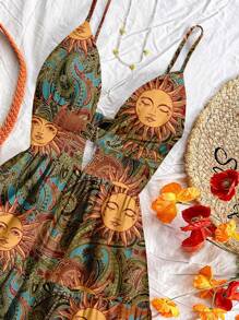 Soleia 休闲假日风格绿色太阳神佩斯利腰果复古图案女式休闲假日 V 领镂空露背荷叶边迷你连衣裙，适合夏季、度假 - 彩色 - 查看 4