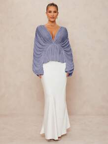 Lumalex Deep V-Neck Oversized Bell Sleeve Loose Women Shirt With Ruffle Hem - Purple - View 7