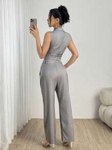 Modelyn 2pcs/Set Women Short Waist Fitted Vest With Lapel Collar And Pants - Grey - View 2