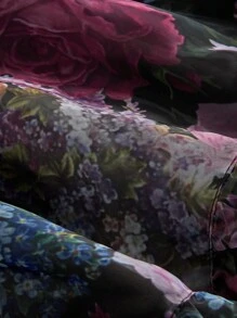 SHEIN MOD Vestido de malla con parte frontal corta y parte trasera larga, busto fruncido, estampado floral romántico y vintage, cintura con lazo, para tallas grandes