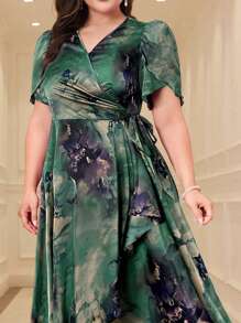 Modelyn Vestido midi de talla grande para mujer con escote en V, manga corta y cintura ceñida con estampado