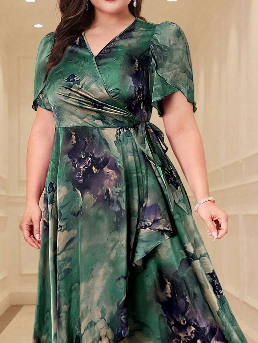 Modelyn Vestido midi de talla grande para mujer con escote en V, manga corta y cintura ceñida con estampado