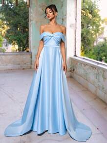 Glamrae 优雅、浪漫、奢华、端庄、蓝色缎面单肩束腰褶皱拖尾长裙、A 字裙，适合生日派对、约会、婚礼、正式晚会、晚会 - 淺藍色 - 查看 1