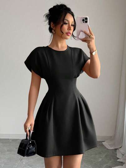 Elenzga Women Solid Color Round Neck Elegant Short Sleeve Mini Dress, Summer