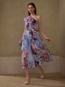 MOTF PREMIUM ROBE IMPRIMÉE FLORALE PLISSÉE - Bleu azur - Voir 7
