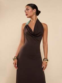 COSMINA Women's Solid Color Draped Neck Stone Linked Bodycon Dress - Brown - View 5