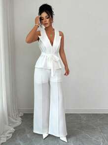 Elenzga Solid Color Sleeveless Top And Straight Leg Pants Suit Set - White - View 3