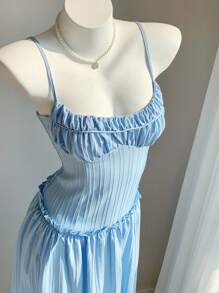 SHEIN EZwear Women's Summer Solid Color Ruffle Trim Maxi Slip Dress For Resort Vacation