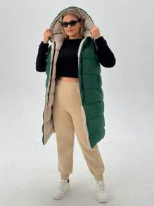 SHEIN Cottnline Plus Size Zip Up Drawstring Hooded Puffer Vest Coat - Green - View 6