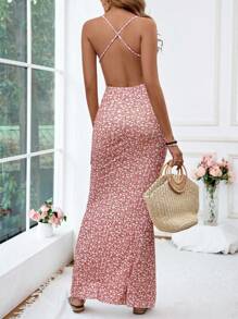 SHEIN VCAY Ladies' Floral Print Spaghetti Strap Backless Dress,Pastel Dresses For Women - Multicolor - View 3