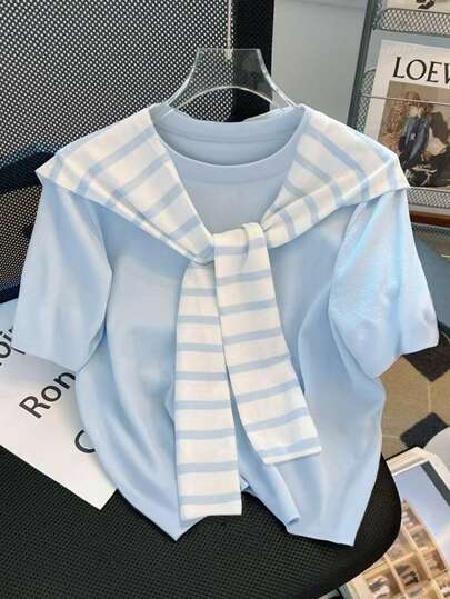 INAWLY 大码休闲简约拼色短袖T恤，适合日常通勤