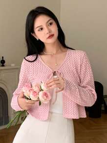 DAZY 纯色系带前短款上衣 长袖 女式上衣 - 粉色 - 查看 1