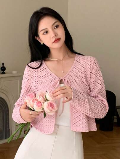 DAZY 纯色系带前短款上衣 长袖 女式上衣