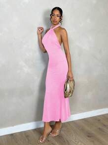 SHEIN PETITE 女士优雅简约纯色露背扭纹修身长裙，适合日常穿着女士休闲连衣裙女士连衣裙生日秋季女士服装返校