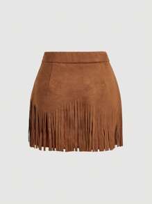 SHEIN PETITE CURVE Plus Size Women's Vintage Hippie Rivet Fringe Suede A-Line Skirt, Autumn Skirt,Nashville,Pirate Skirt - Brown - View 2