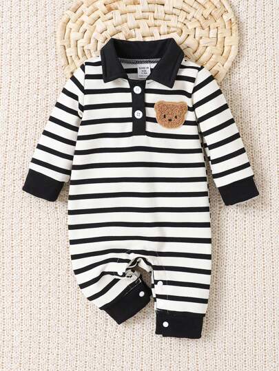 SHEIN Neugeborenen Baby Jungen Romper, langarm Kontrast Farbblock Kragen Design, mit niedlicher gestickter Cartoon Bär Verzierung, gestrickte gestreifte Stoff, süß Lässig vielseitig bequem, geeignet für tägliche Ausflüge, Urlaub, Geburtstagsfeiern