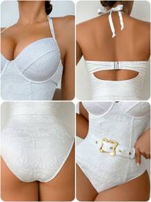 Swim DD+ Traje de baño de una pieza con control de barriga, escote halter y relleno push-up, tallas grandes (DD+) - Blanco - Ver 4