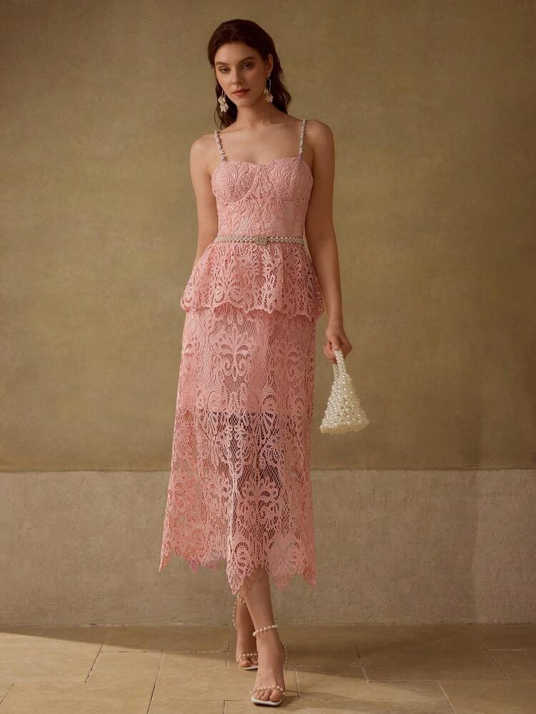 LACE FAUX PEARL BELT DRESS