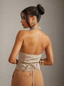 Hauture Old Money Sexy Business Casual Cross Halter Neck Backless Tank Top For Women – Elegant Buckle And Tie Detail Blouse, Minimalist Office Sleeveless Top, Chic Formal Open Back Waistcoat