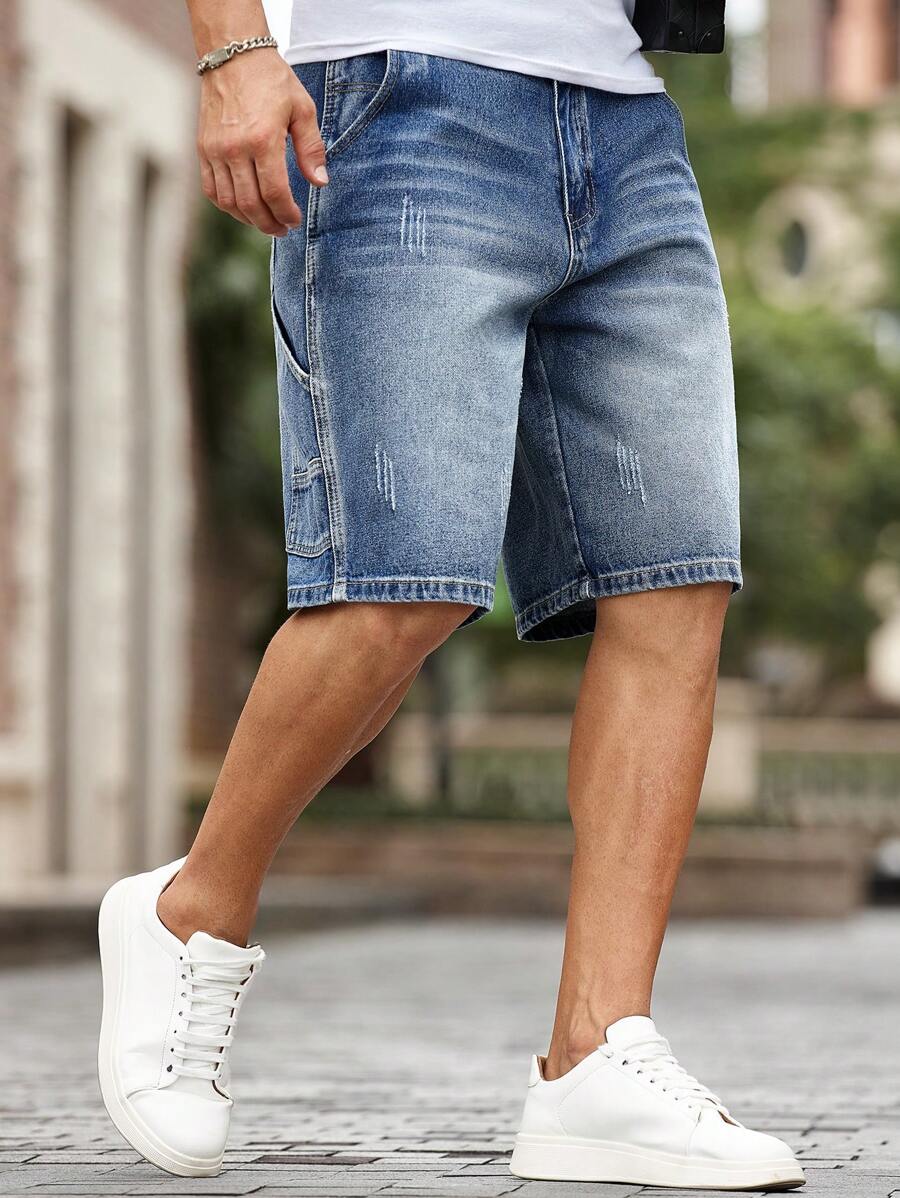 Manfinity Homme 男士纯色休闲百搭口袋牛仔短裤 - 中等水洗藍 - 查看 1