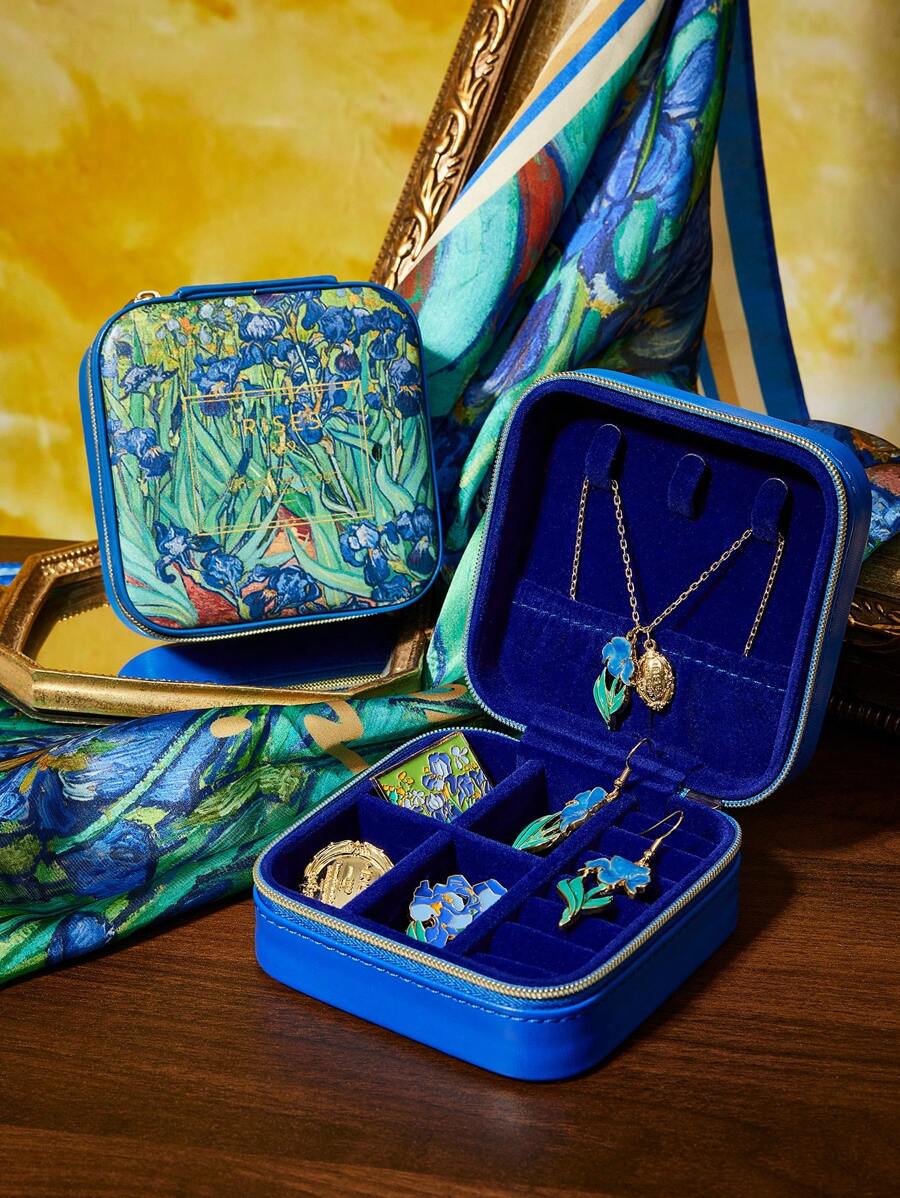 SHEIN Touch of Art 1 件装鸢尾花图案 PU 皮革便携式旅行首饰收纳盒，配有 3 个项链挂钩、戒指收纳隔层和其他收纳隔层，适合居家收纳、旅行、通勤使用，适合女性、女孩、青少年，文森特·梵高风格，艺术气息浓郁，优雅别致，适合夏季、春季、海滩、度假等场合。 - 藍色 - 查看 1