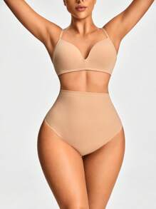 SHAPORA Women Solid Color Mesh Splice High Waist Shapewear - Apricot - View 5