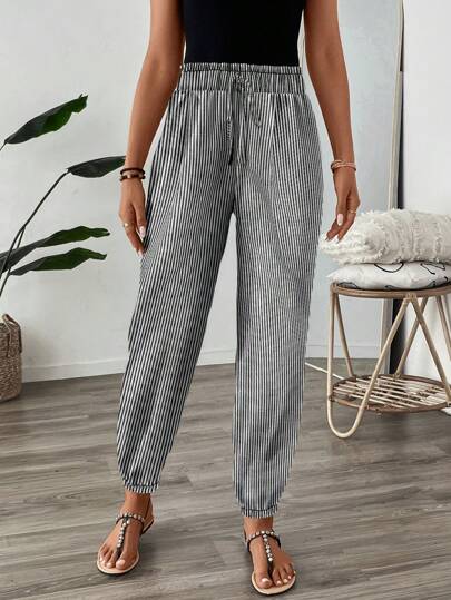 SHEIN LUNE Women's Vintage Printed Elastic Waist Drawstring Hem Casual Pants For Summer Holiday Suitable For Going Out Fall Clothes Winter Clothes